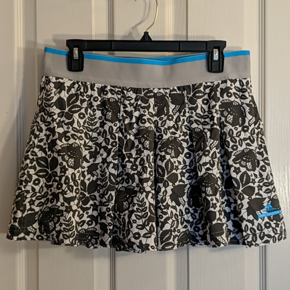 Adidas by Stella McCartney Black & White Floral Skater Skirt with Blue Trim